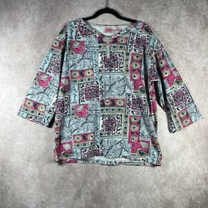 Vintage‎ Pennylane Shirt S Blue Red Floral Henley 3/4 Sleeve Casual Boho Cotton